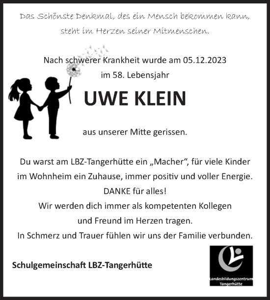 Traueranzeige von Uwe Klein von Volksstimme Altmark Ost