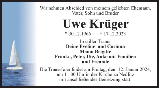 Traueranzeige von Uwe Krüger von Volksstimme Zerbst