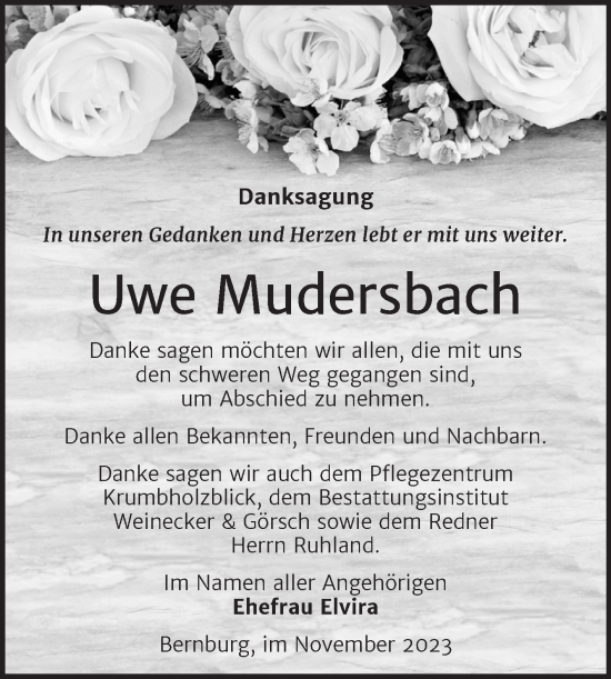 Traueranzeige von Uwe Mudersbach von Trauerkombi Bernburg