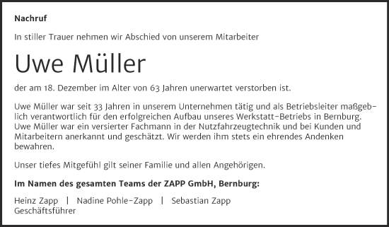 Traueranzeige von Uwe Müller von Mitteldeutsche Zeitung Bernburg