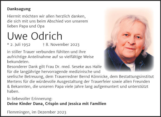 Traueranzeige von Uwe Odrich von Naumburger Tageblatt