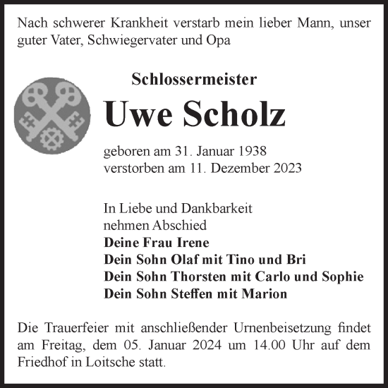 Traueranzeige von Uwe Scholz von Volksstimme Haldensleben/Wolmirstedt