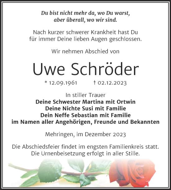 Traueranzeige von Uwe Schröder von Trauerkombi Aschersleben