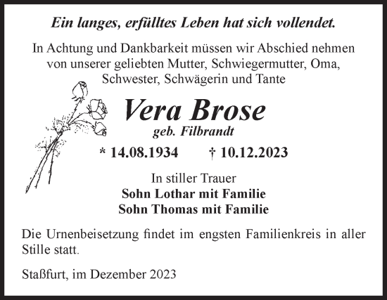 Traueranzeige von Vera Brose von Volksstimme Staßfurt