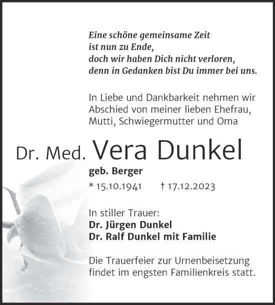 Traueranzeige von Vera Dunkel von Mitteldeutsche Zeitung Halle/Saalkreis