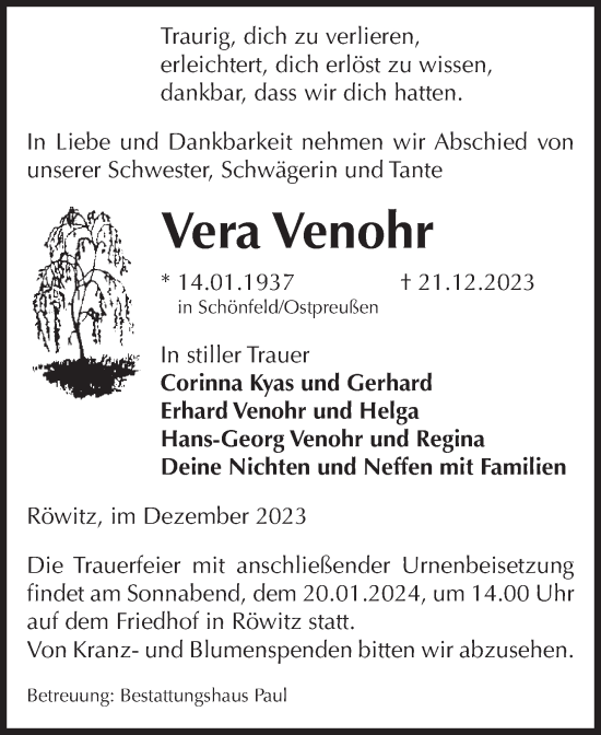 Traueranzeige von Vera Venohr von Volksstimme Altmark West