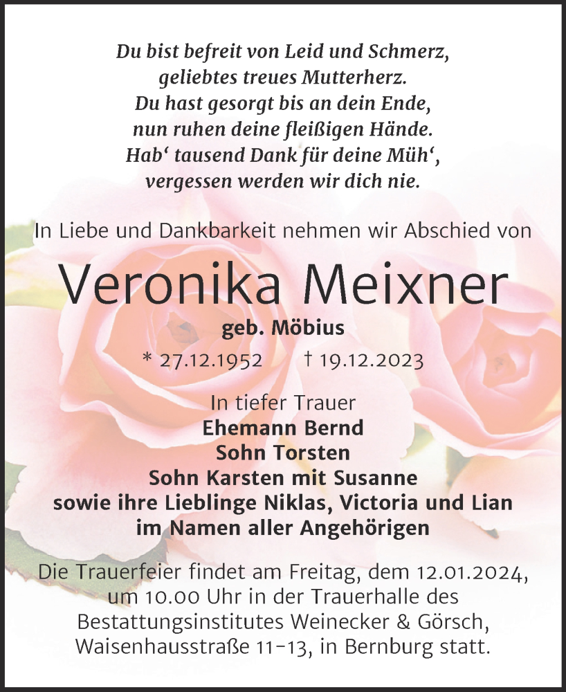  Traueranzeige für Veronika Meixner vom 30.12.2023 aus Trauerkombi Bernburg