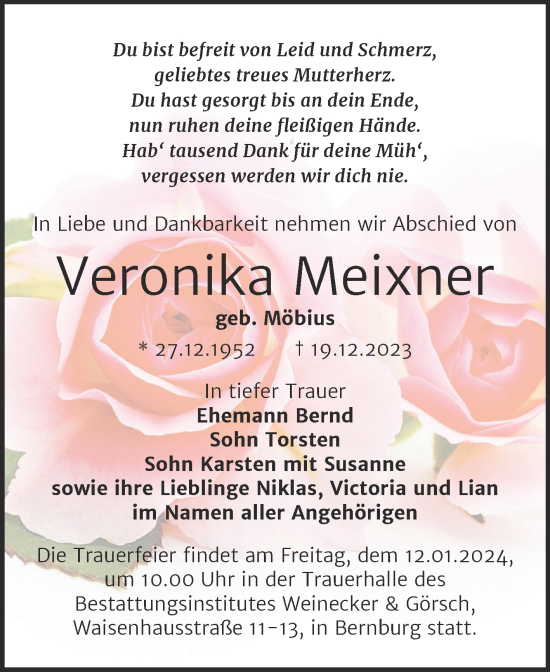 Traueranzeige von Veronika Meixner von Trauerkombi Bernburg