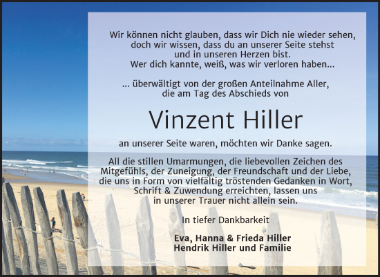 Traueranzeige von Vinzent Hiller von Trauerkombi Wittenberg