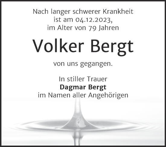 Traueranzeige von Volker Bergt von Trauerkombi Zeitz