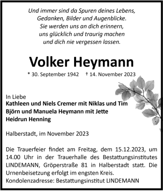 Traueranzeige von Volker Heymann von Volksstimme Halberstadt
