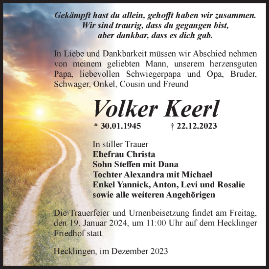 Traueranzeige von Volker Keerl von Volksstimme Staßfurt