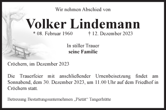 Traueranzeige von Volker Lindemann von Volksstimme Haldensleben/Wolmirstedt