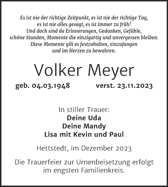 Traueranzeige von Volker Meyer von Trauerkombi Mansfelder Land