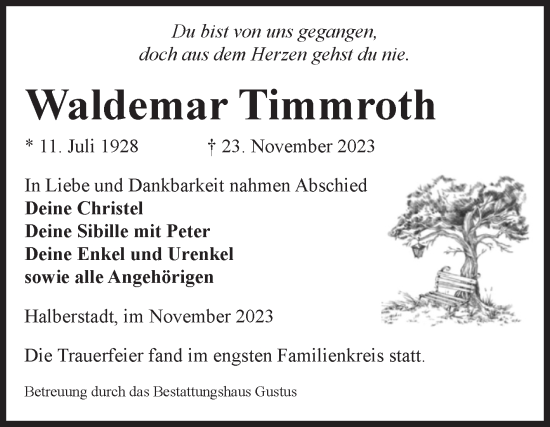 Traueranzeige von Waldemar Timmroth von Volksstimme Halberstadt