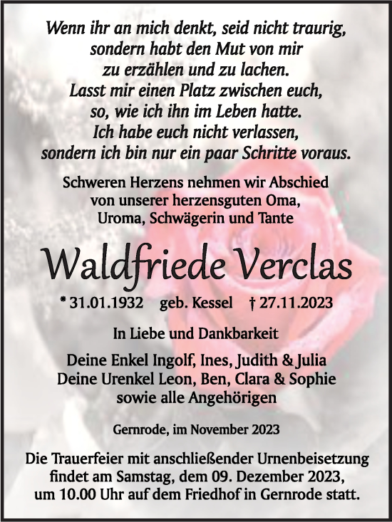 Traueranzeige von Waldfriede Verclas von Trauerkombi Quedlinburg
