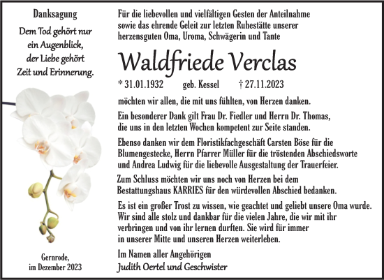 Traueranzeige von Waldfriede Verclas von Trauerkombi Quedlinburg