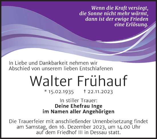 Traueranzeige von Walter Frühauf von Trauerkombi Dessau