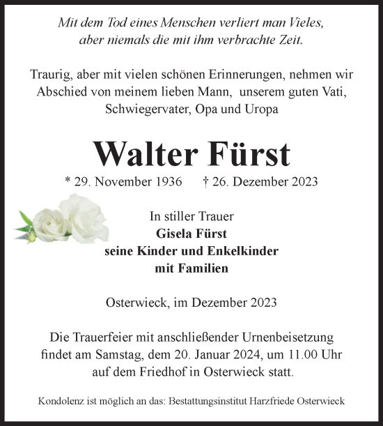 Traueranzeige von Walter Fürst von Volksstimme Halberstadt