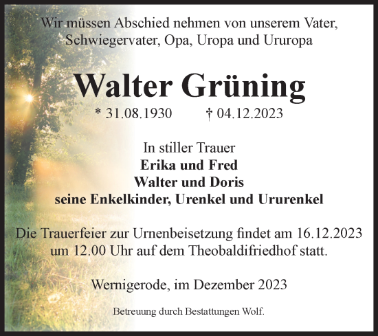 Traueranzeige von Walter Grüning von Volksstimme Wernigerode