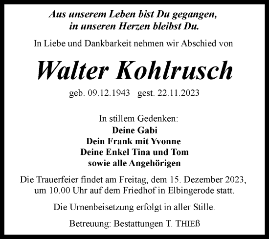 Traueranzeige von Walter Kohlrusch von Volksstimme Wernigerode