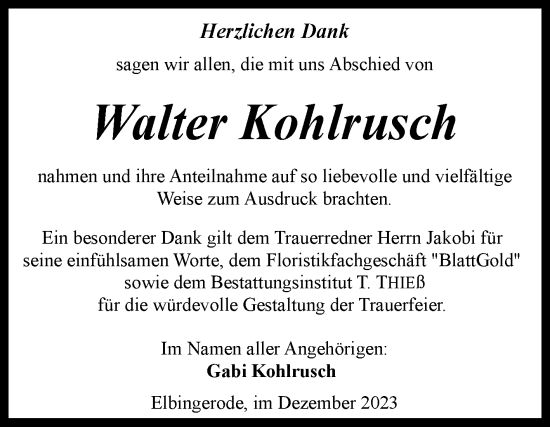 Traueranzeige von Walter Kohlrusch von Volksstimme Wernigerode