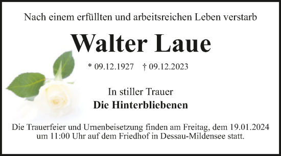 Traueranzeige von Walter Laue von Trauerkombi Dessau