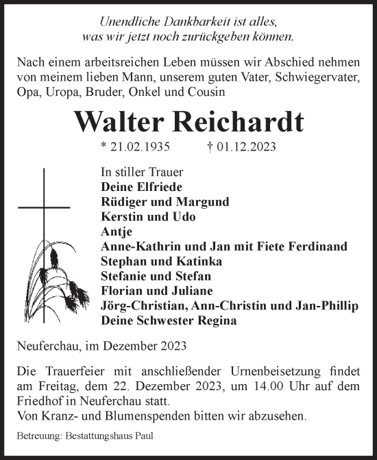 Traueranzeige von Walter Reichardt von Volksstimme Altmark West