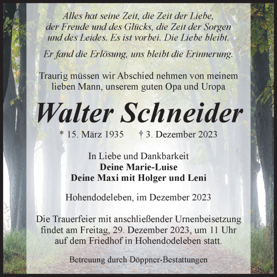 Traueranzeige von Walter Schneider von Volksstimme Oschersleben/Wanzleben