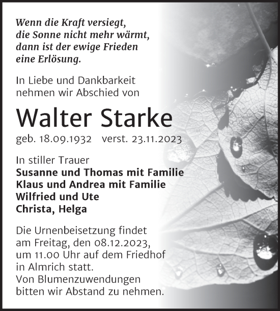 Traueranzeige von Walter Starke von Naumburger Tageblatt