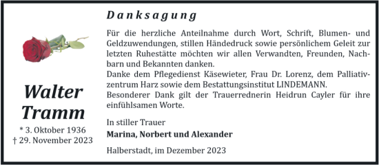 Traueranzeige von Walter Tramm von Volksstimme Halberstadt