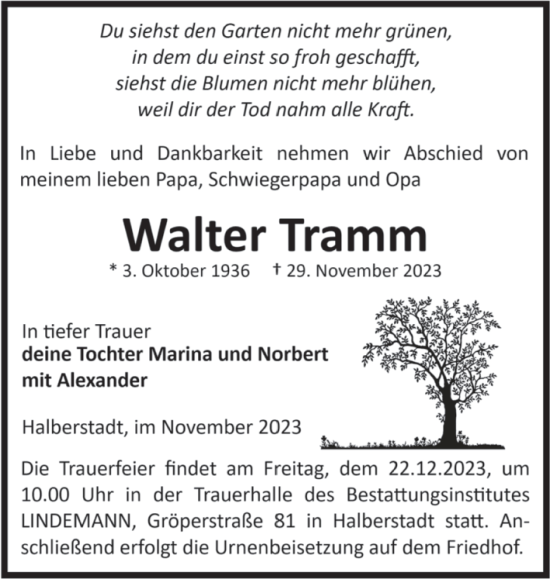 Traueranzeige von Walter Tramm von Volksstimme Halberstadt
