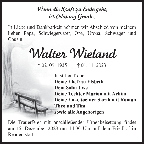Traueranzeige von Walter Wieland von Volksstimme Zerbst