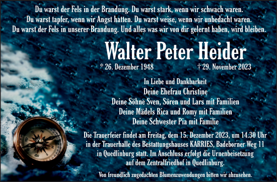 Traueranzeige von Walter Peter Heider von Trauerkombi Quedlinburg
