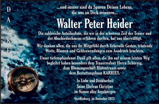 Traueranzeige von Walter Peter Heider von Trauerkombi Quedlinburg