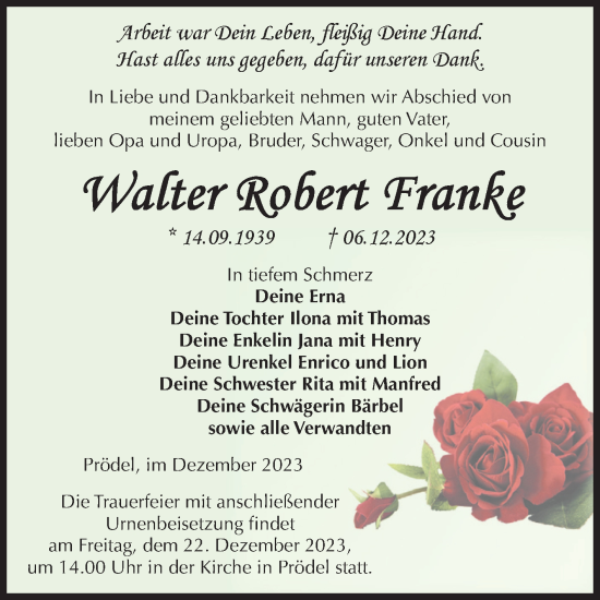 Traueranzeige von Walter Robert Franke von Volksstimme Zerbst