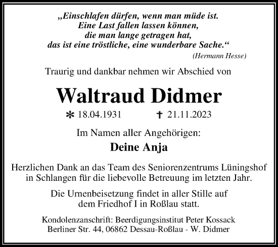 Traueranzeige von Waltraud Didmer von Trauerkombi Dessau