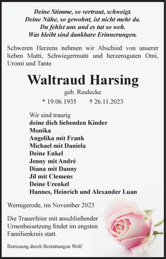 Traueranzeige von Waltraud Harsing von Volksstimme Wernigerode