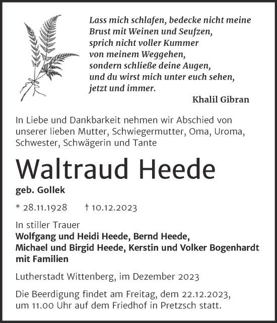 Traueranzeige von Waltraud Heede von Trauerkombi Wittenberg