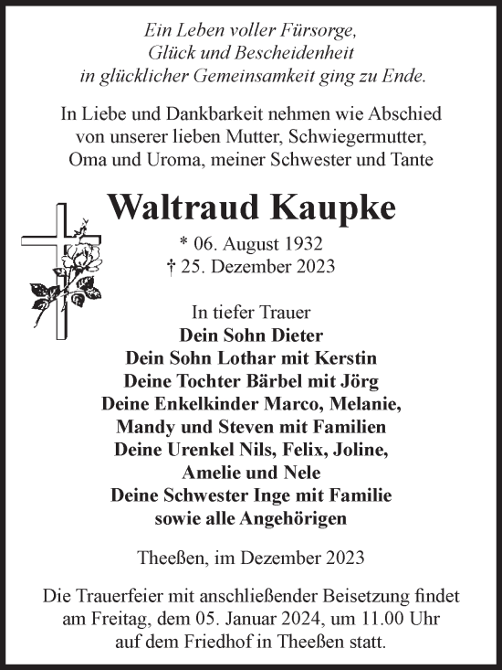 Traueranzeige von Waltraud Kaupke von Volksstimme Burg/Genthin