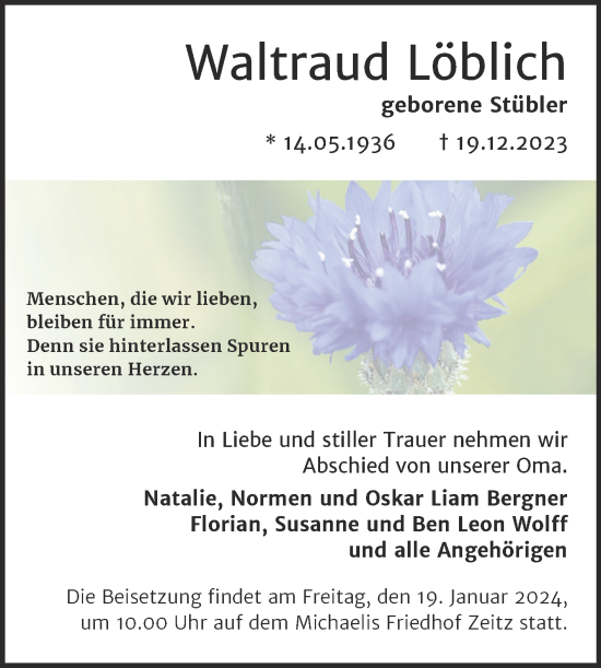Traueranzeige von Waltraud Löblich von Trauerkombi Zeitz
