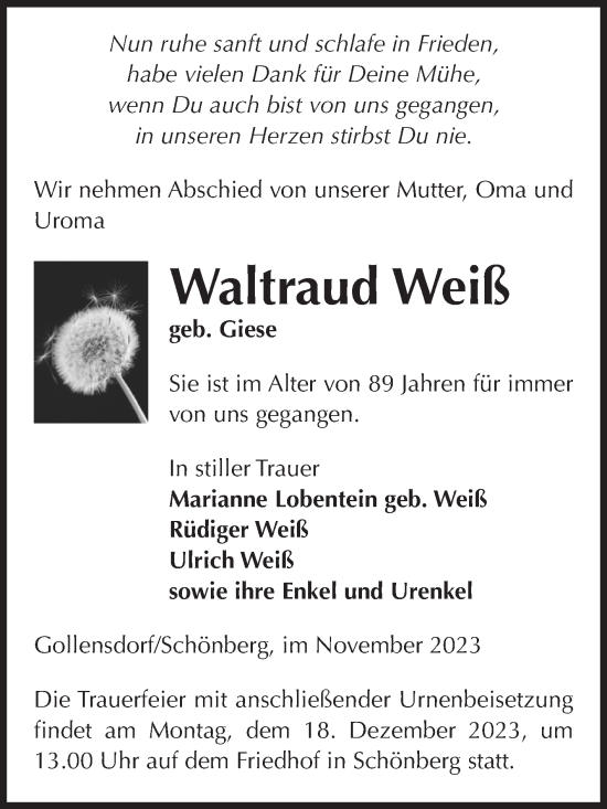 Traueranzeige von Waltraud Weiß von Volksstimme Altmark Ost