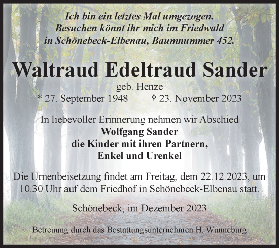 Traueranzeige von Waltraud Edeltraud Sander von Volksstimme Schönebeck