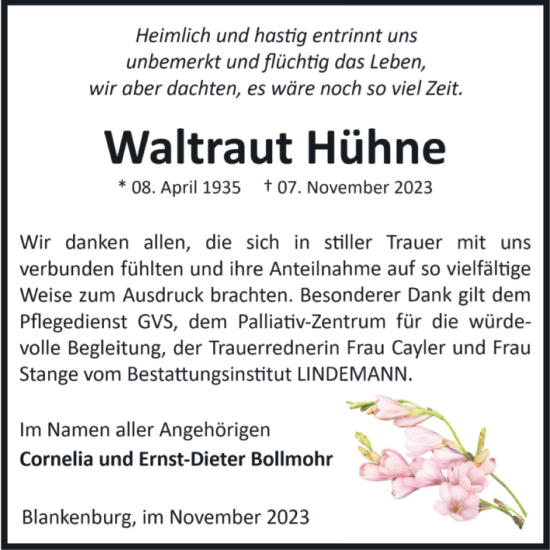 Traueranzeige von Waltraut Hühne von Volksstimme Wernigerode