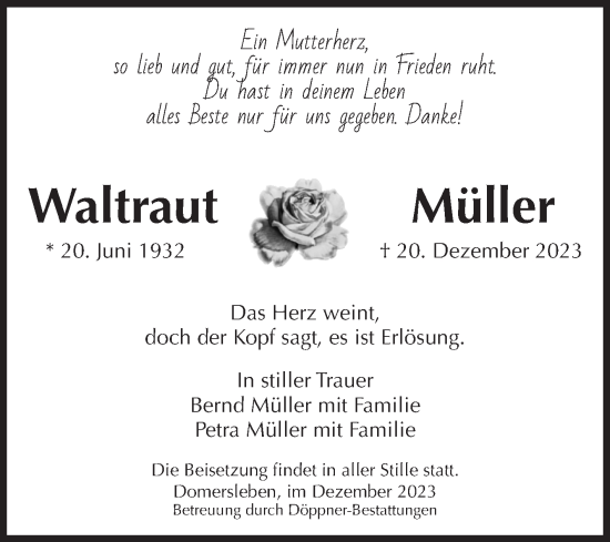 Traueranzeige von Waltraut Müller von Volksstimme Oschersleben/Wanzleben