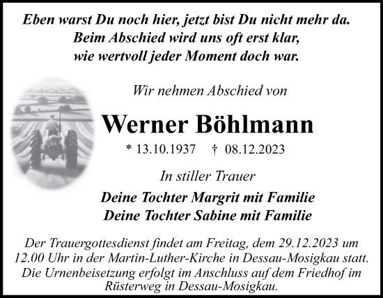 Traueranzeige von Werner Böhlmann von Trauerkombi Dessau