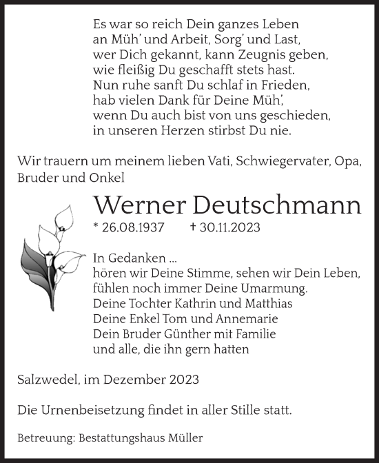 Traueranzeige von Werner Deutschmann von Volksstimme Altmark West