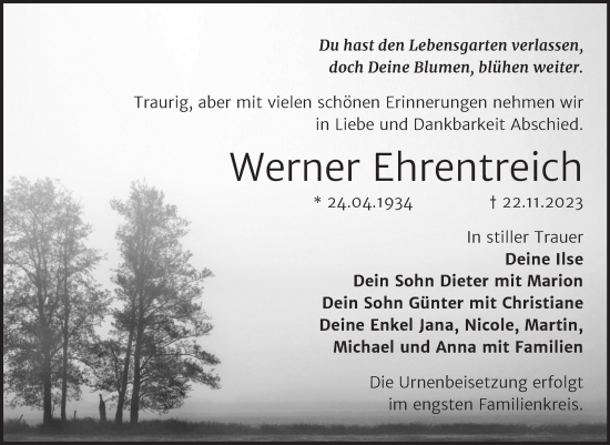 Traueranzeige von Werner Ehrentreich von Trauerkombi Wittenberg
