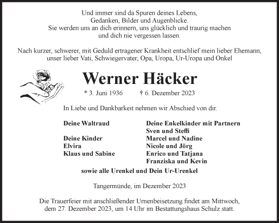 Traueranzeige von Werner Häcker von Volksstimme Altmark Ost