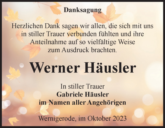 Traueranzeige von Werner Häusler von Volksstimme Wernigerode